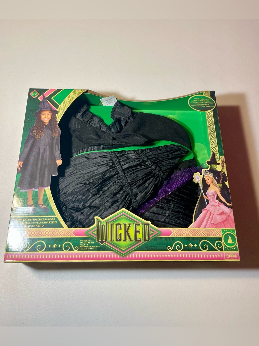 Wicked Movie Elphaba Costume Set Dress Hat Cape Size 4-6X NEW Jakks Pacific